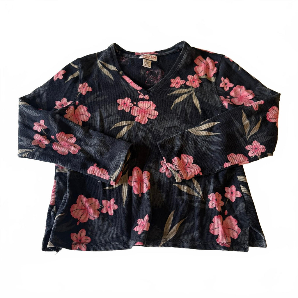 Jamaica Bay Y2K Black Floral V-Neck Long Sleeve Ribbed Top Size L Cotton