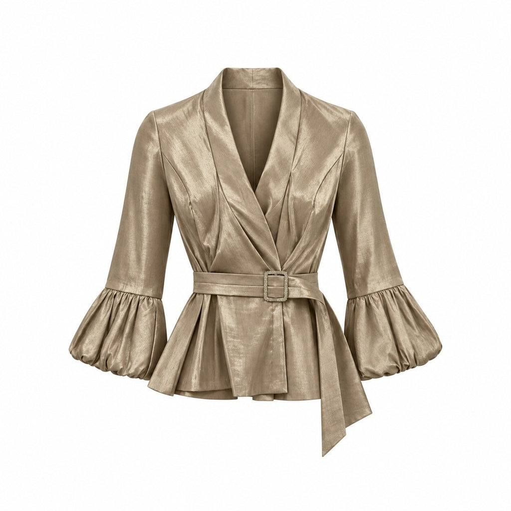 thriftalina Alex Evenings Women's Metallic Gold Belted Peplum Blouse Size Small Rhinestone
