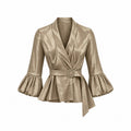 thriftalina Alex Evenings Women's Metallic Gold Belted Peplum Blouse Size Small Rhinestone