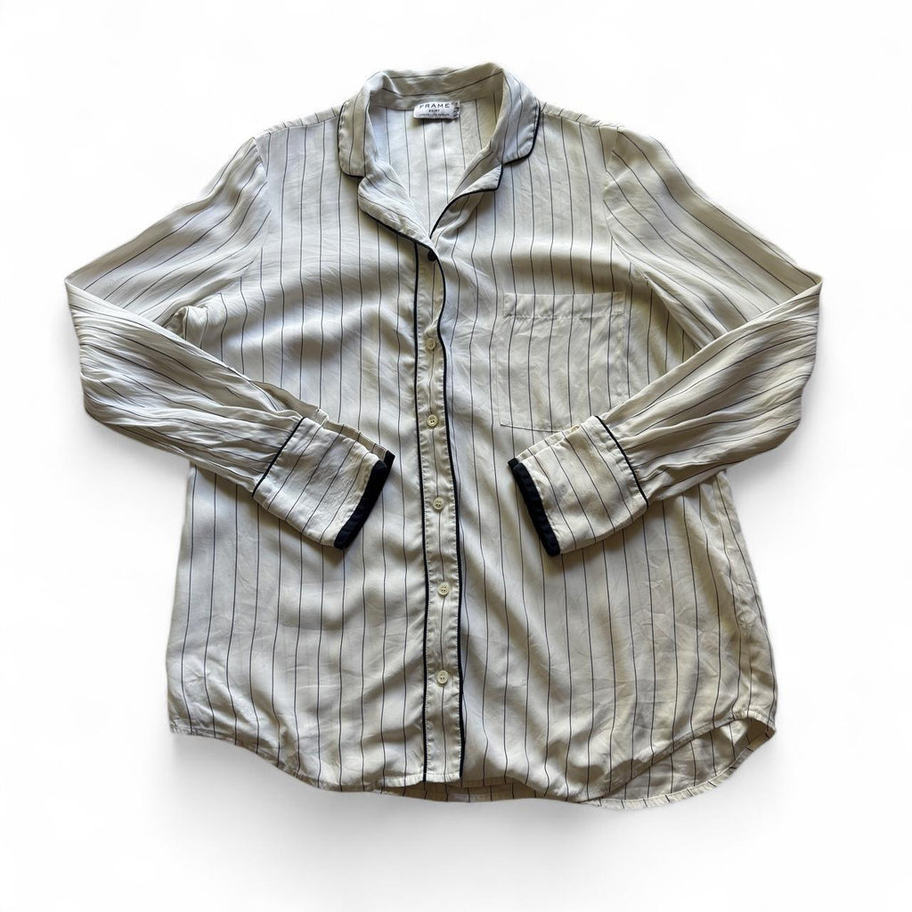 FRAME Silk Pajama Shirt M Ivory Navy Pinstripe Piping Sheer Blouse Flawed