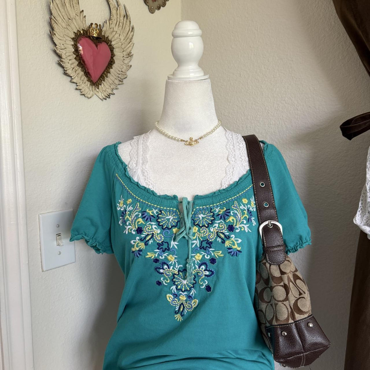 JM Collection Blue Embroidered Peasant Short Sleeve Blouse Bohemian Hippie