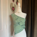 Asymmetric Sequin Beaded One Shoulder Blouse Green Floral Sequin Rhinestone Y2K