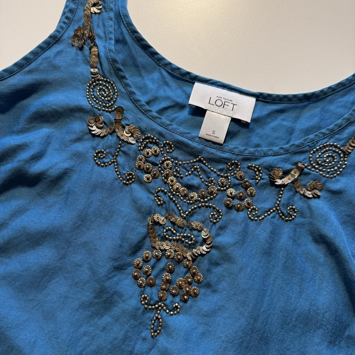 LOFT Blue Beaded Silk Cotton Blend Tank Top Boho Fairycore