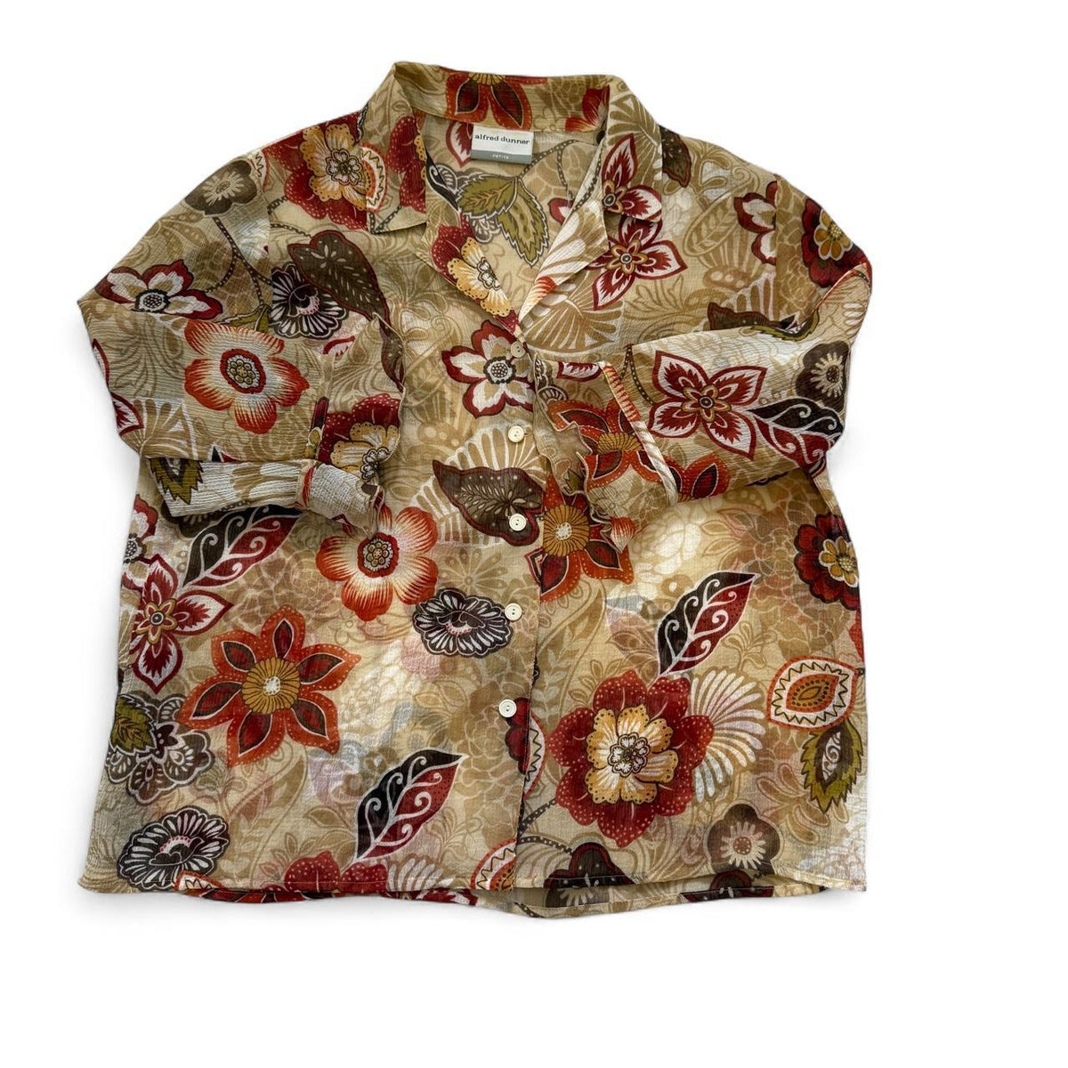 Alfred Dunner Petite Sheer Floral Button Up Blouse Boho Earthy Cottagecore