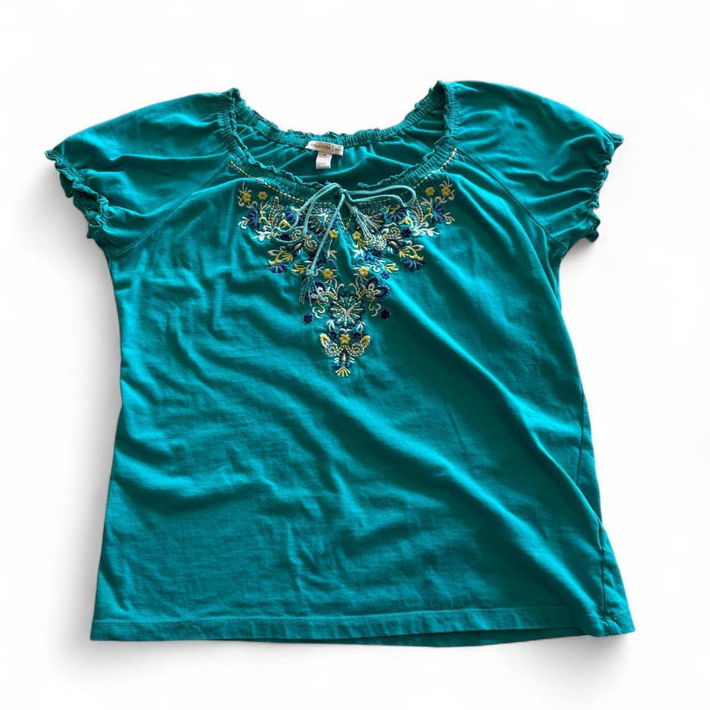 JM Collection Blue Embroidered Peasant Short Sleeve Blouse Bohemian Hippie