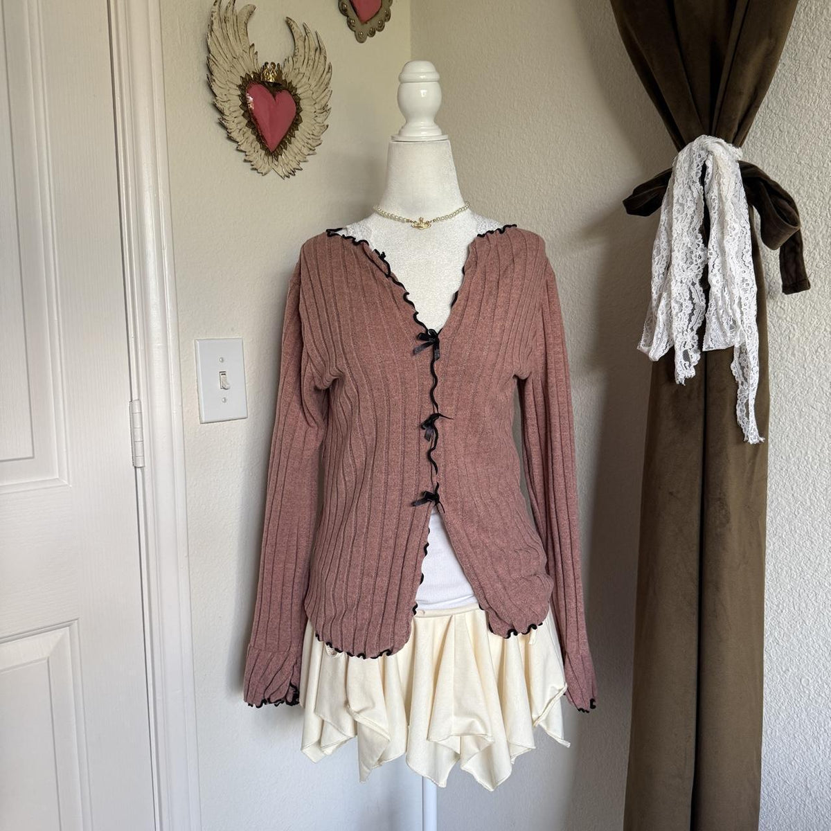 Pink Ribbed Knit Cardigan Black Bow Ties Size L Coquette Softgirl Fairycore
