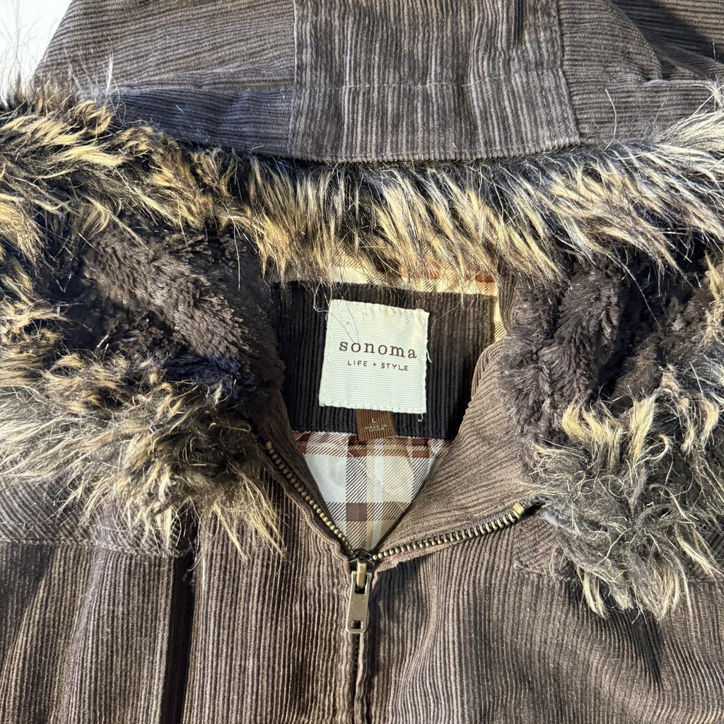 Brown Sonoma Corduroy Zip Faux Fur Hood Jacket Cozy Fall Winter Plaid Interior