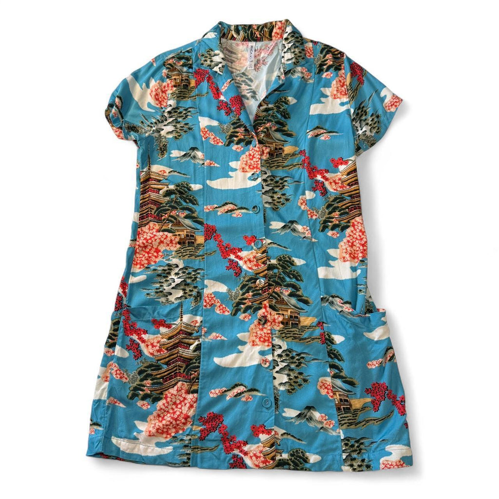 RVCA Unique Pattern T-Shirt Dress Whimsical Asian Inspired Mini Button Detail