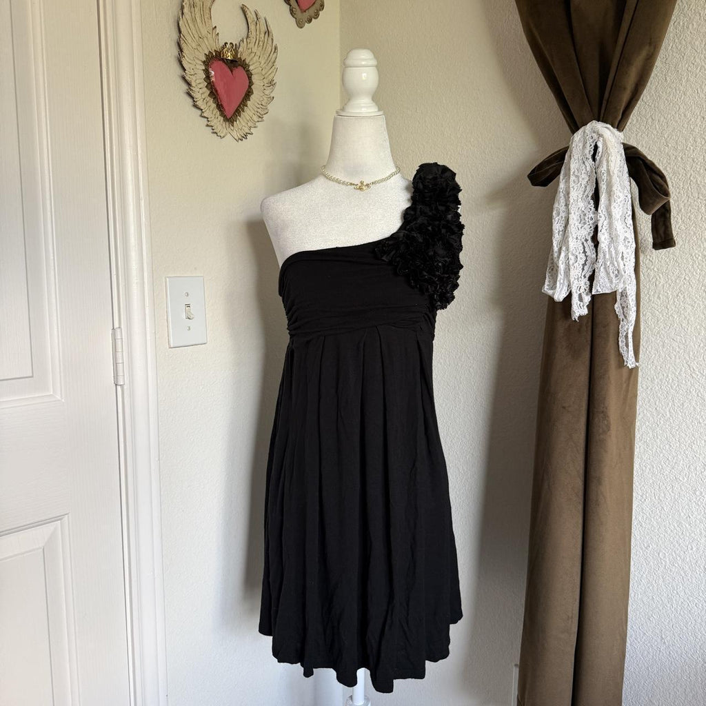 Bebe Black One Shoulder Rosette Ruffle Mini Dress Size M Going Out Y2K
