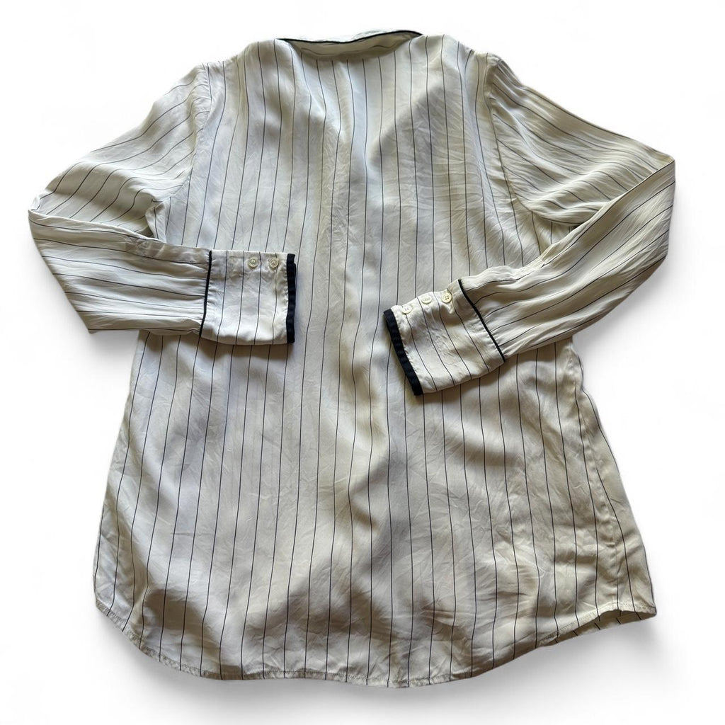FRAME Silk Pajama Shirt M Ivory Navy Pinstripe Piping Sheer Blouse Flawed