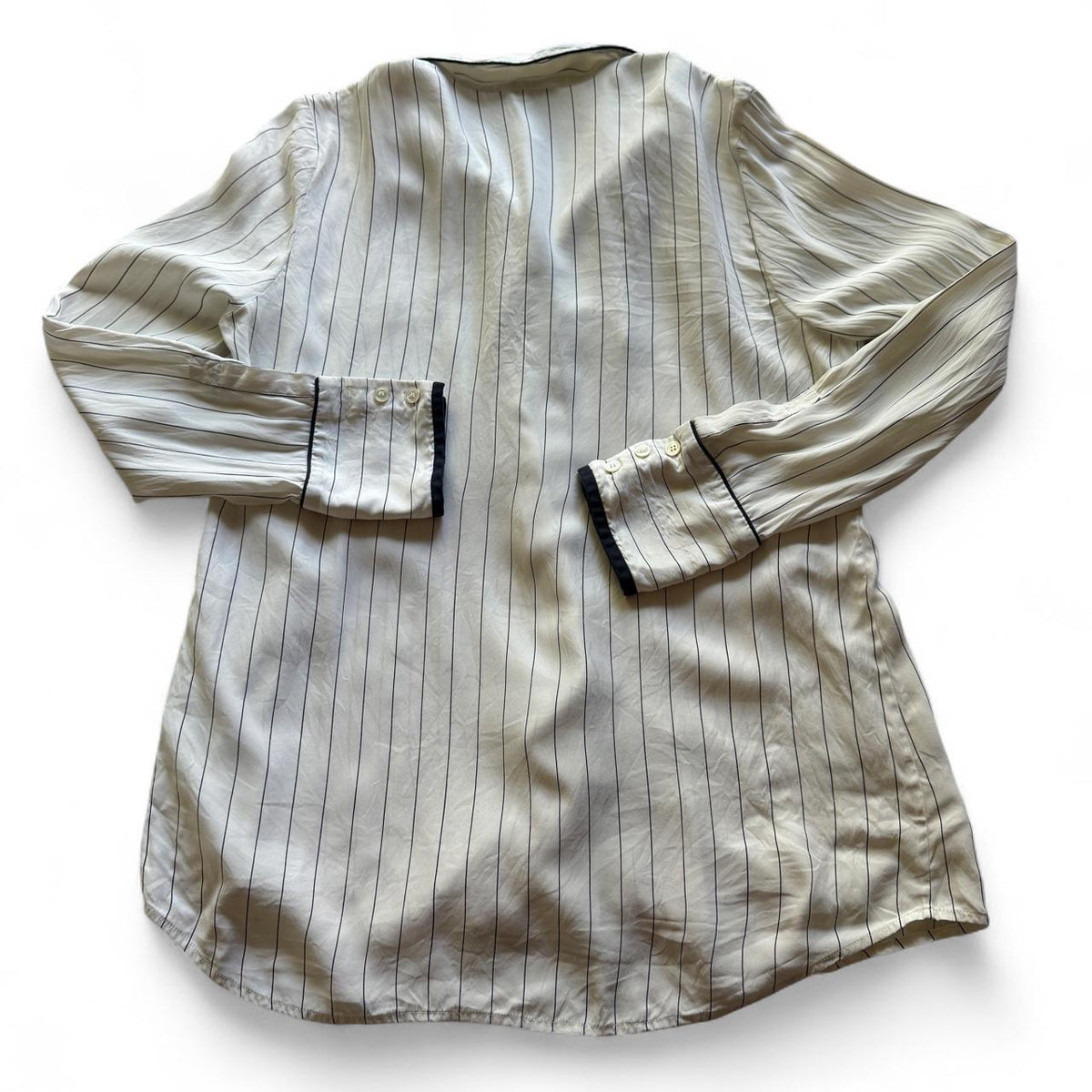 FRAME Silk Pajama Shirt M Ivory Navy Pinstripe Piping Sheer Blouse Flawed