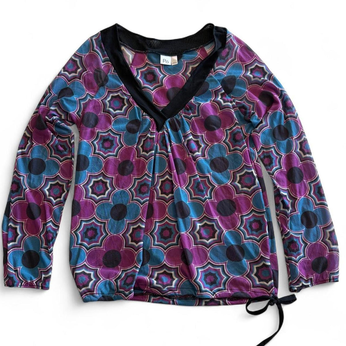 Po Bohemian Geometric Whimsical Tie Detail Blouse