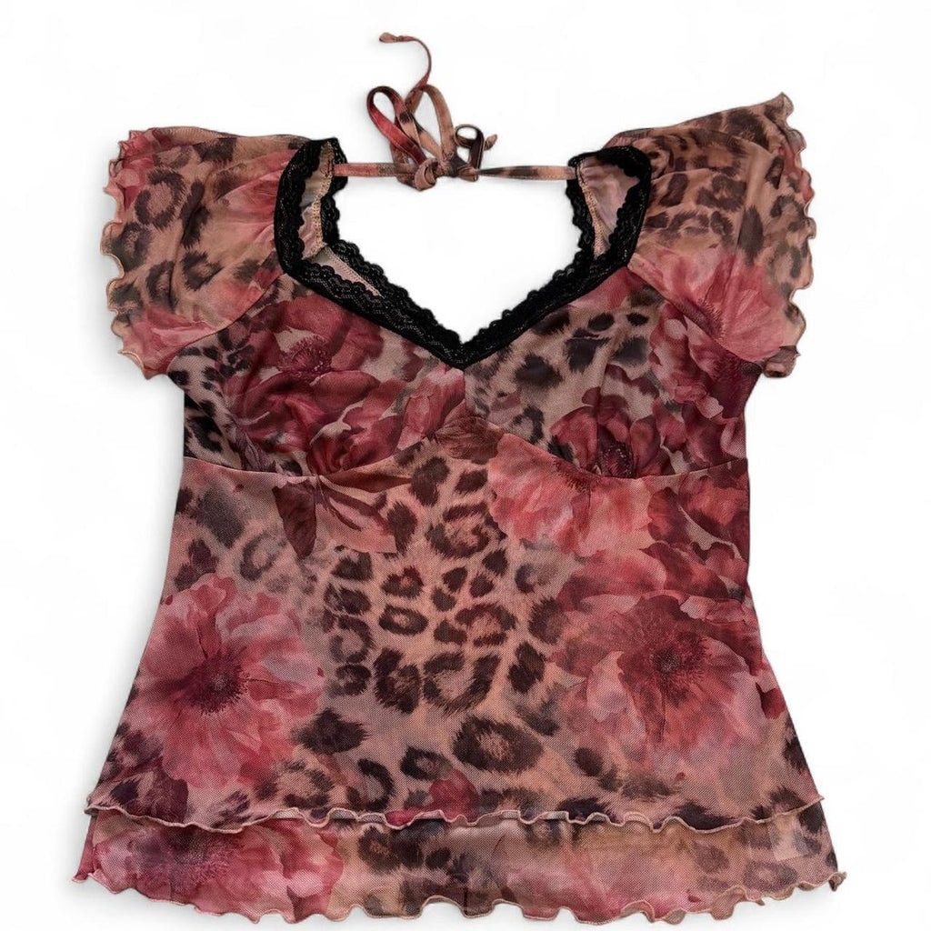 Good Days Project Mesh Leopard Floral Lace Tie Back Y2K Boho Top XL