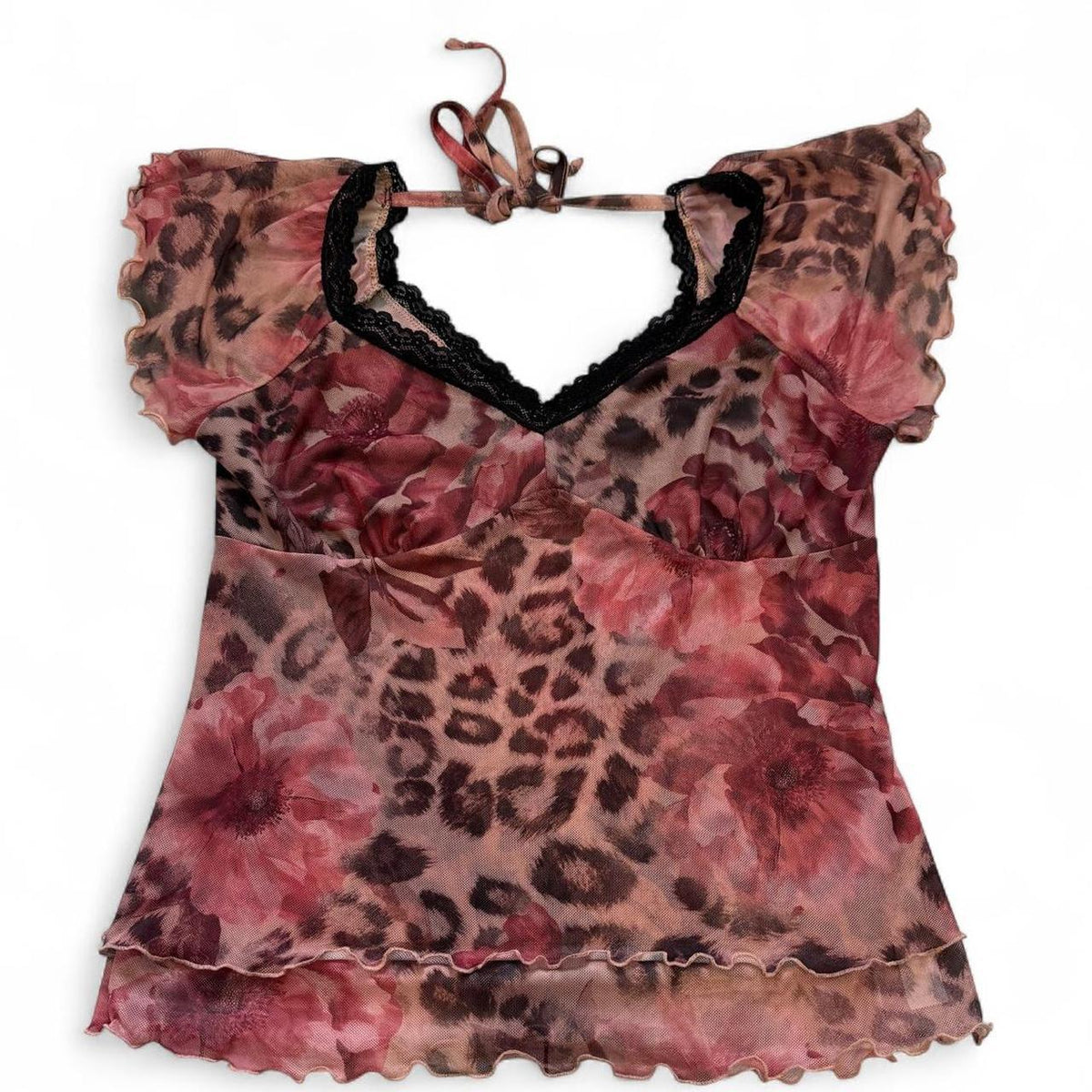 Good Days Project Mesh Leopard Floral Lace Tie Back Y2K Boho Top XL