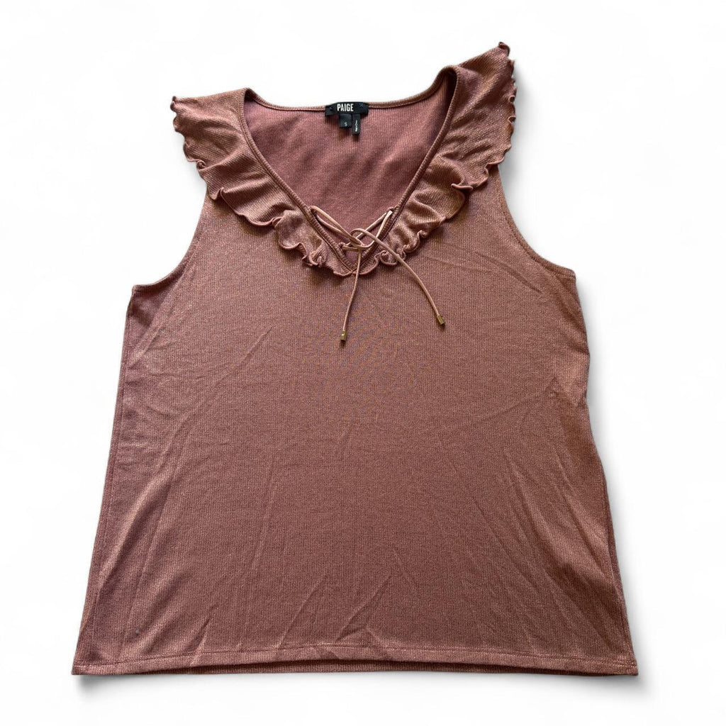PAIGE Rainey Pink Metallic Ruffle Lace Up Sleeveless Knit Top Women's S