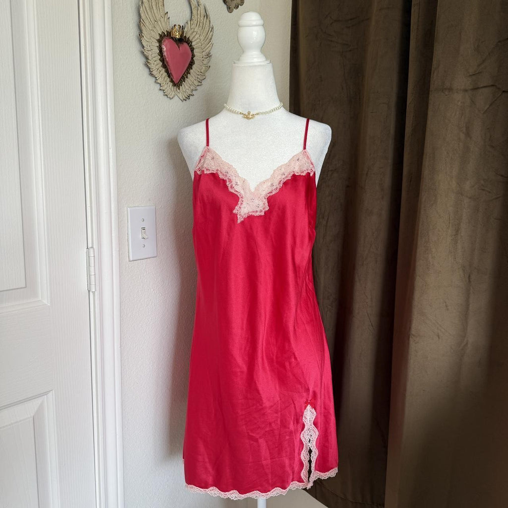 Victoria’s Secret Red Satin Slip Dress — Lace Trim Coquette Lingerie