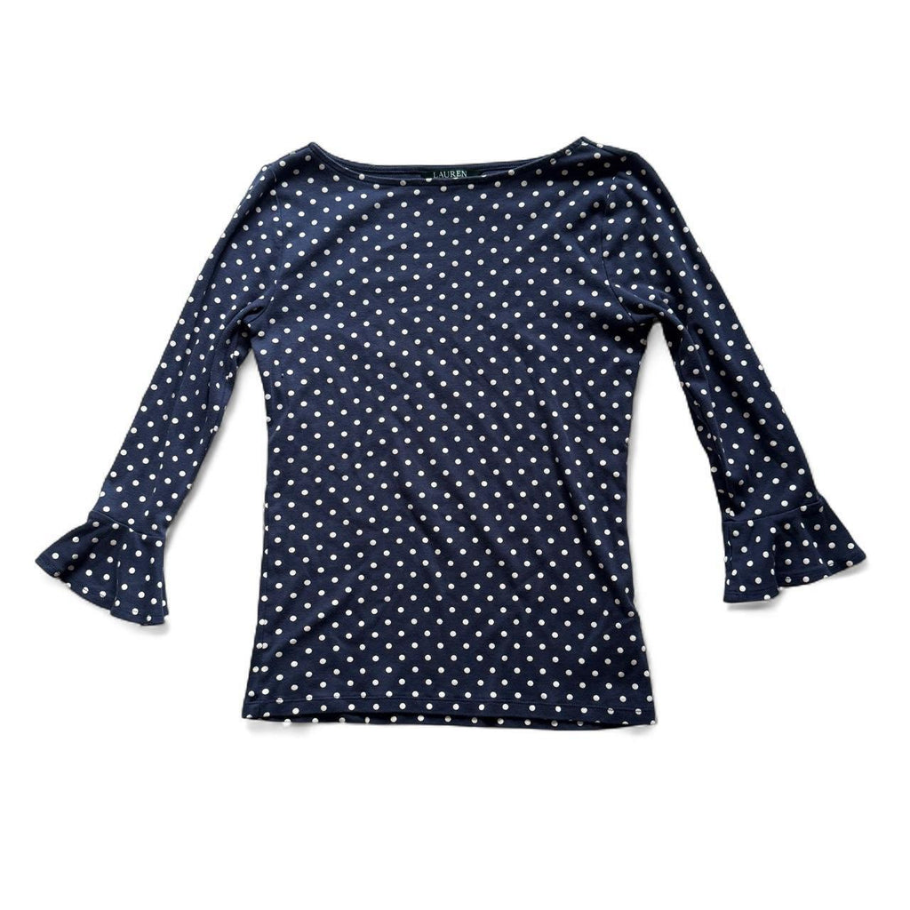 Lauren Ralph Lauren Navy Polka Dot Bell Sleeve Stretch Blouse Women's M