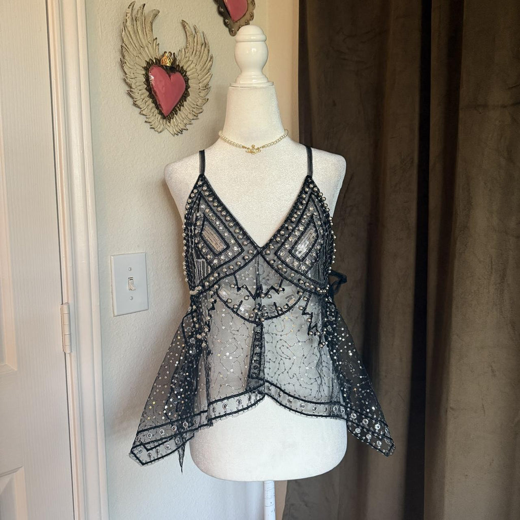 Y2K Embellished Mesh Sheer Beaded Sparkly Cami Top