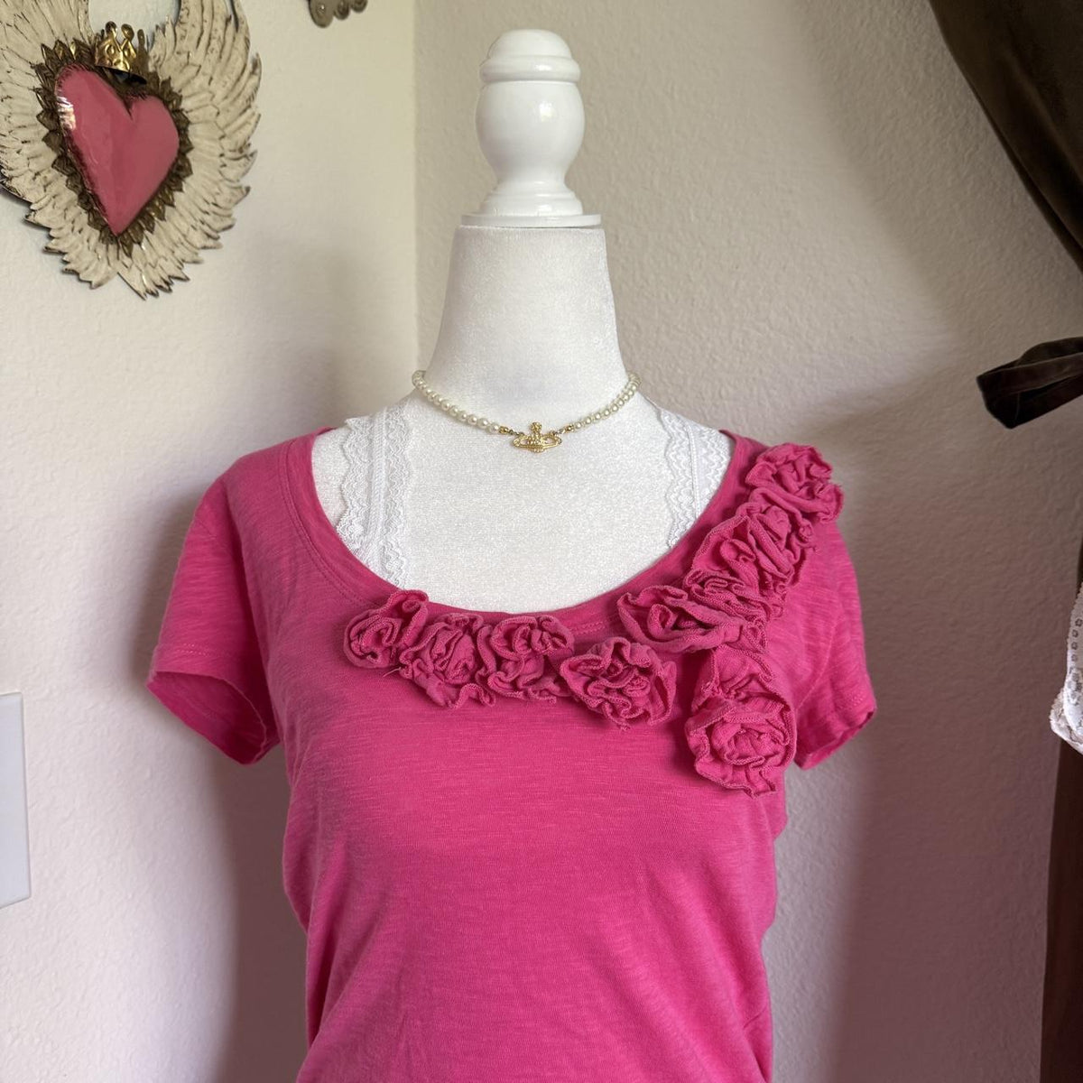 New York & Company Pink Ruffle Blouse Fairycore Cottagecore Size XS