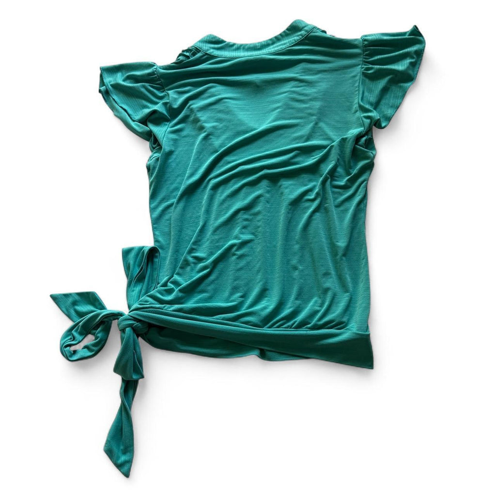 Y2K Teal Ruffle Neck Side Tie Short Sleeve Fairycore Blouse Women's S