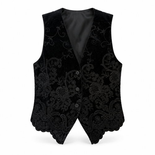 Vintage Express black velvet floral vest front view