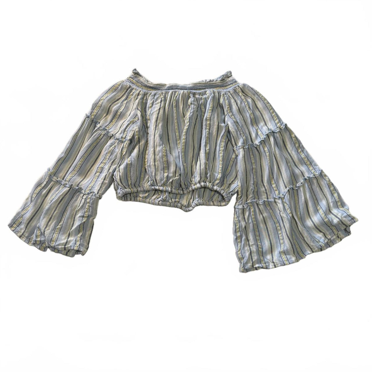 Wonderly Striped Off the Shoulder Bohemian Cinched Waist Blouse Hippie Festival