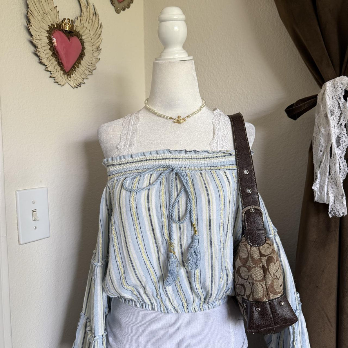 Wonderly Striped Off the Shoulder Bohemian Cinched Waist Blouse Hippie Festival