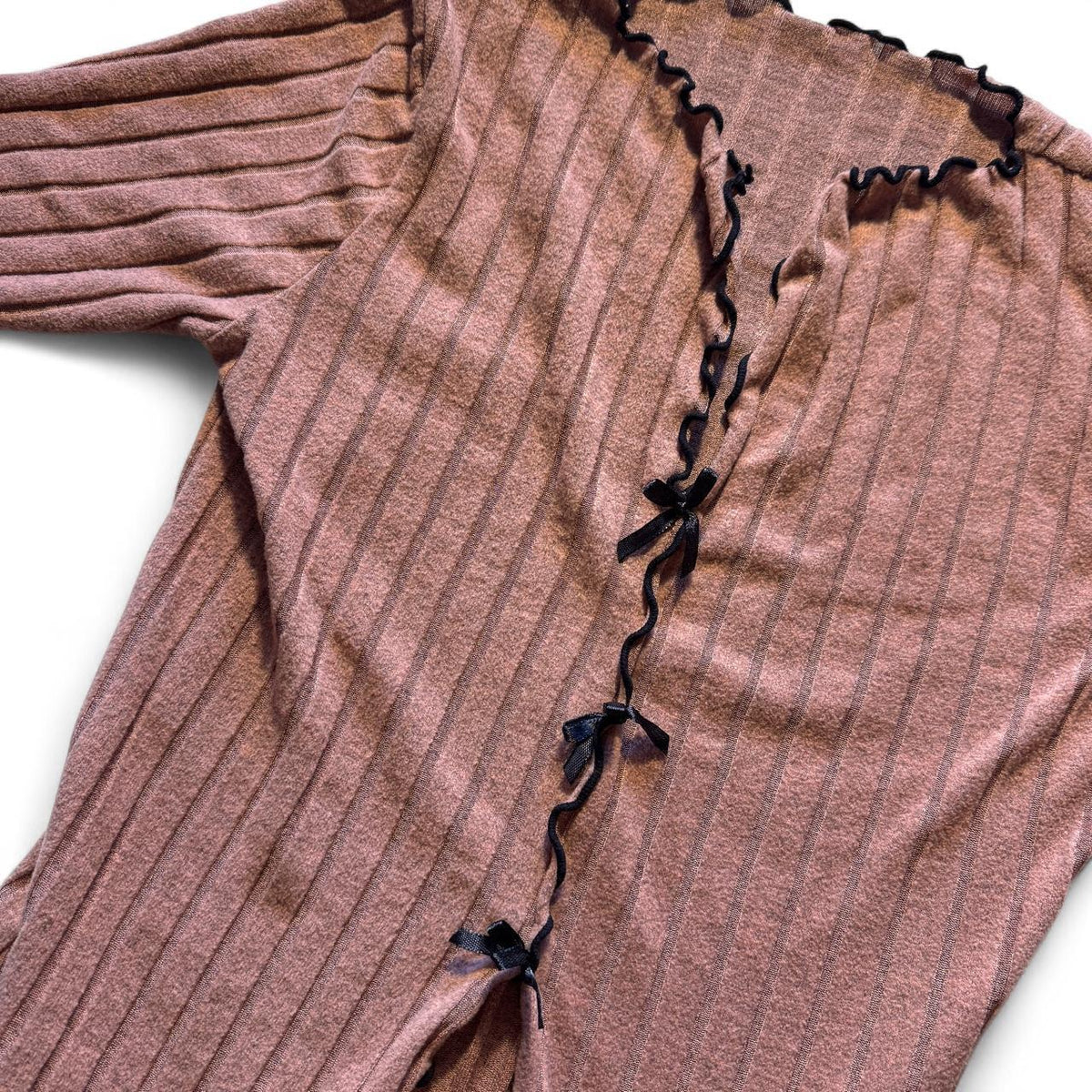 Pink Ribbed Knit Cardigan Black Bow Ties Size L Coquette Softgirl Fairycore