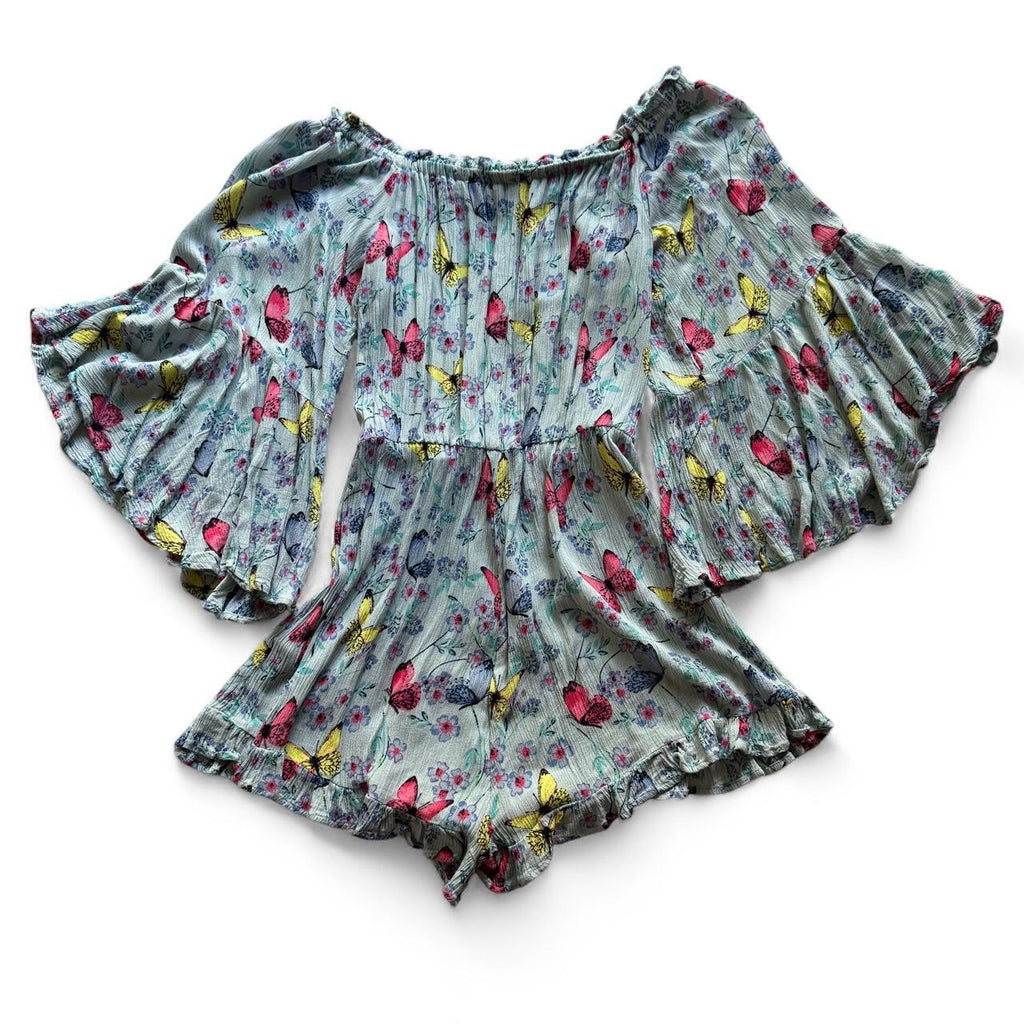 Deja Vu Butterfly Floral Off Shoulder Bell Sleeve Romper Women's Small Boho