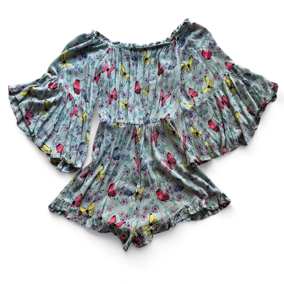 Deja Vu Butterfly Floral Off Shoulder Bell Sleeve Romper Women's Small Boho