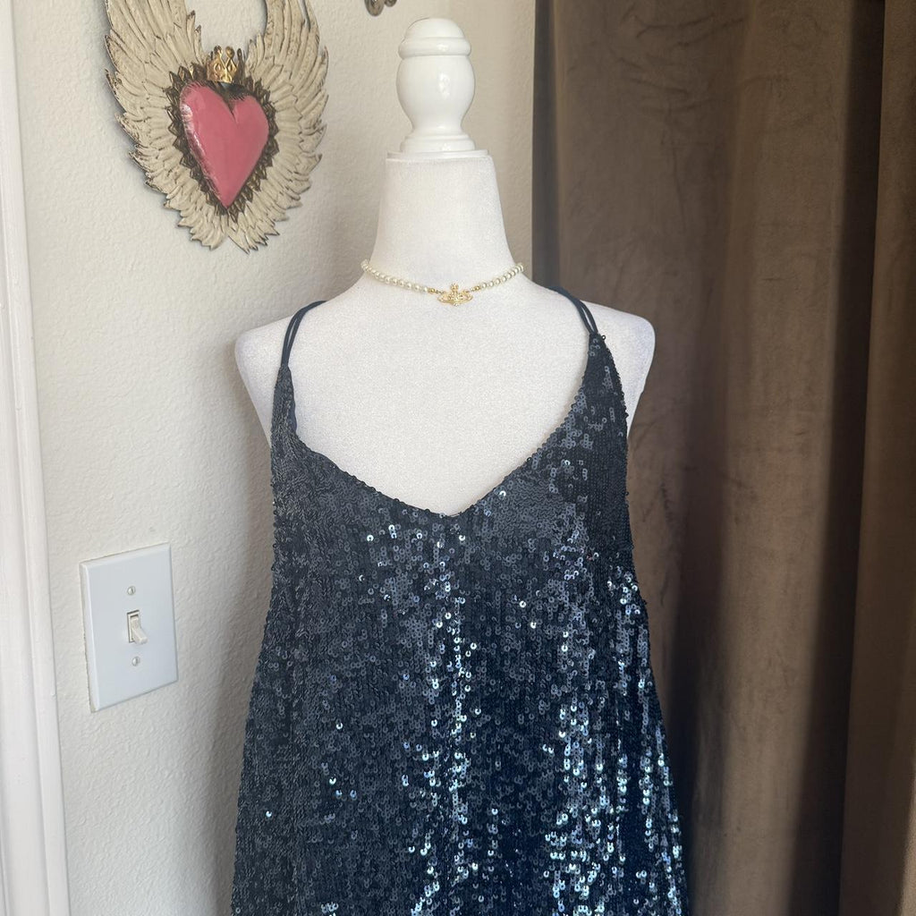 Free People Blue Sequin Mini Dress Racerback Detail Party Cocktail Birthday