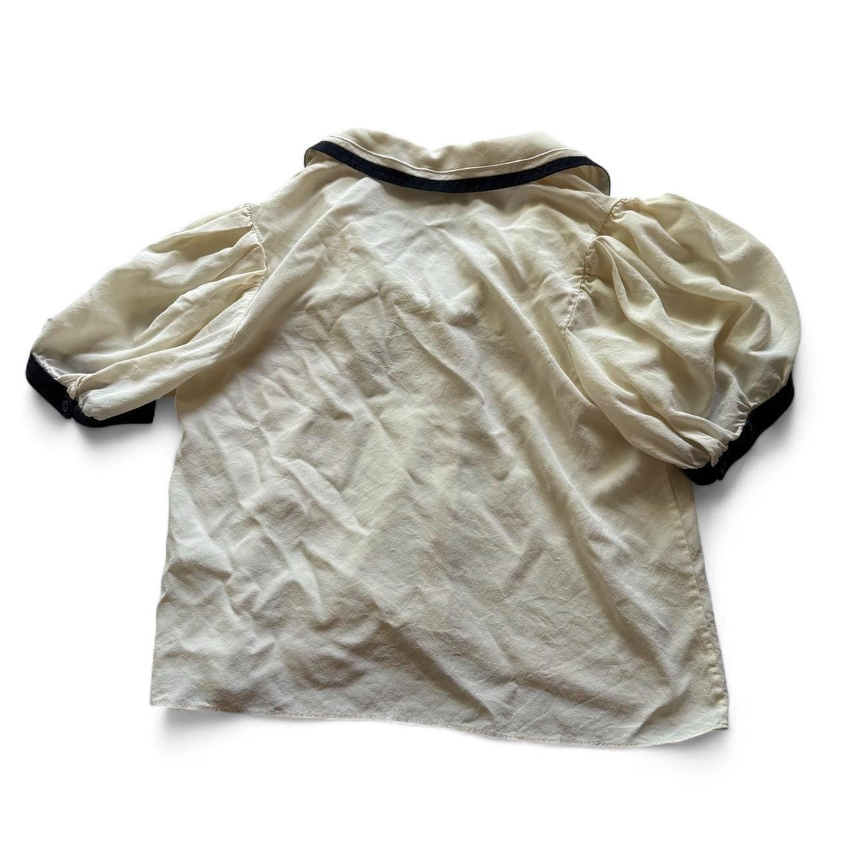 FRAME The Silk Sailor Blouse S Cream Navy Puff Sleeve Designer Top