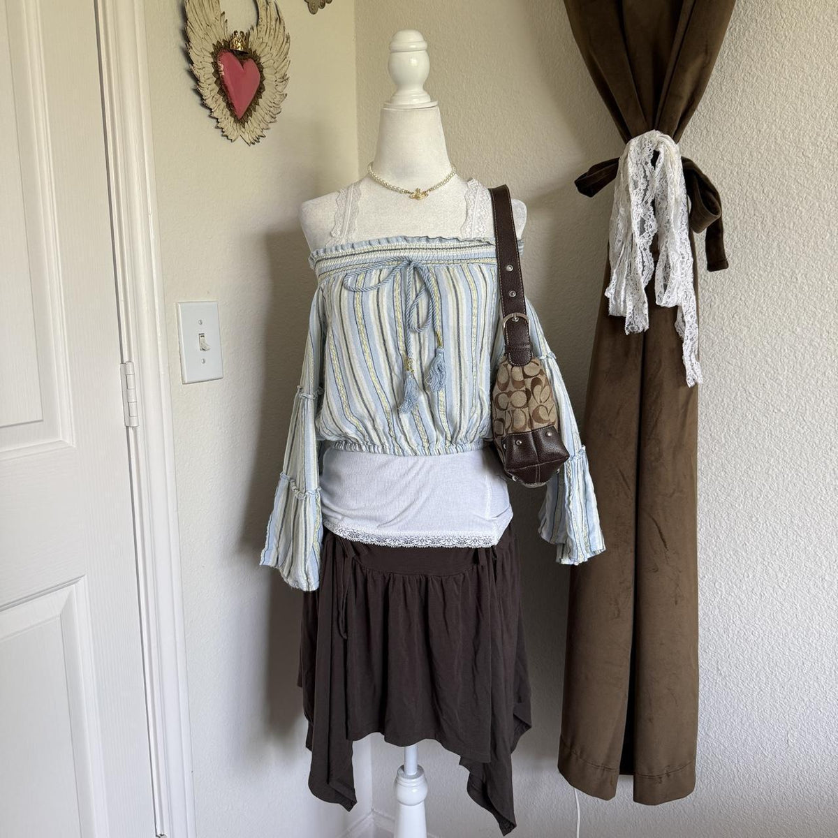 Wonderly Striped Off the Shoulder Bohemian Cinched Waist Blouse Hippie Festival