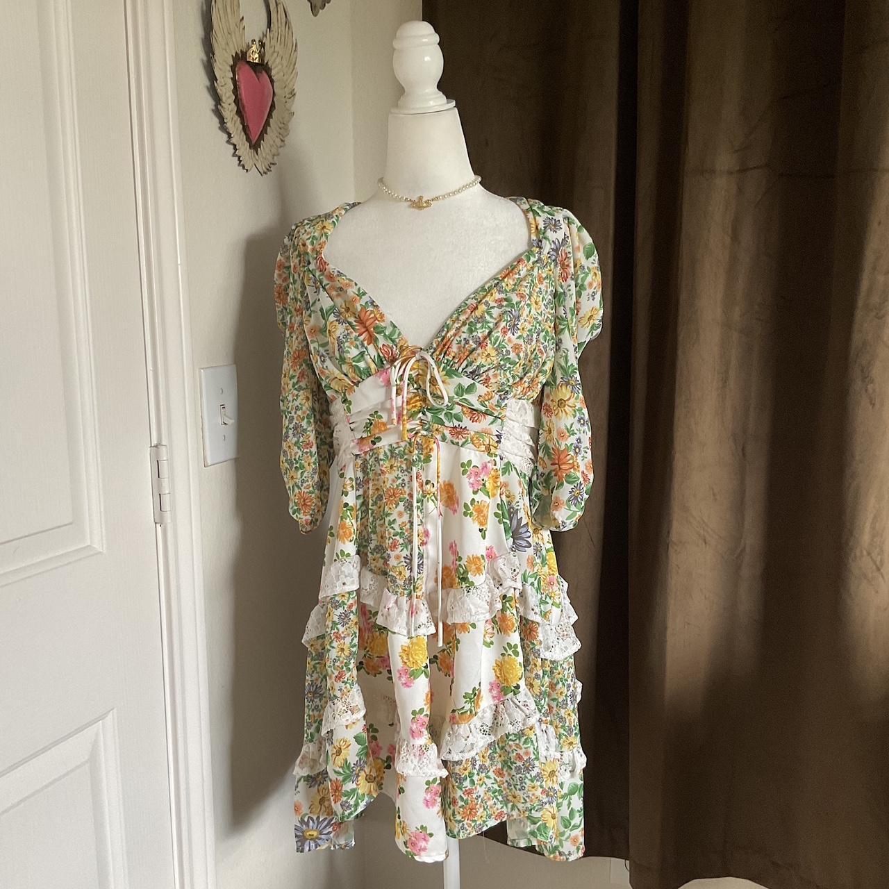 For Love & Lemons Floral Coquette Ruffle Tiered Mini Dress