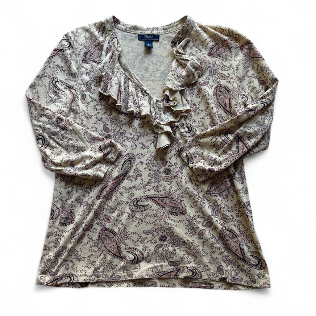 Chaps Denim Paisley Ruffle V Neck Cotton Boho Blouse Women's Large Fairycore