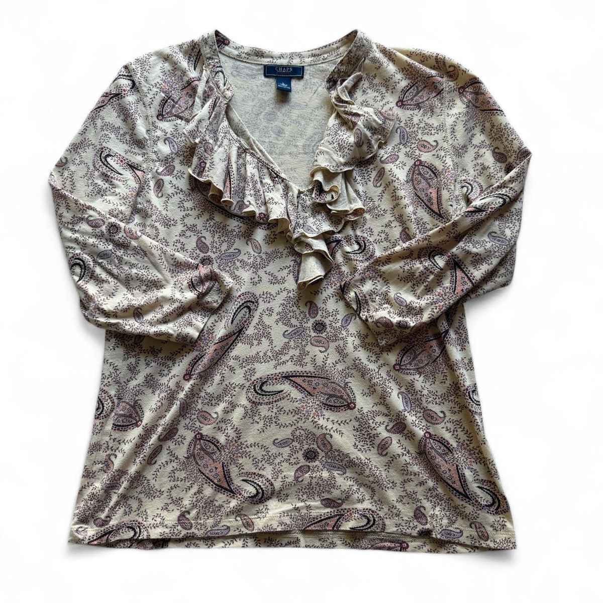 Chaps Denim Paisley Ruffle V Neck Cotton Boho Blouse Women's Large Fairycore