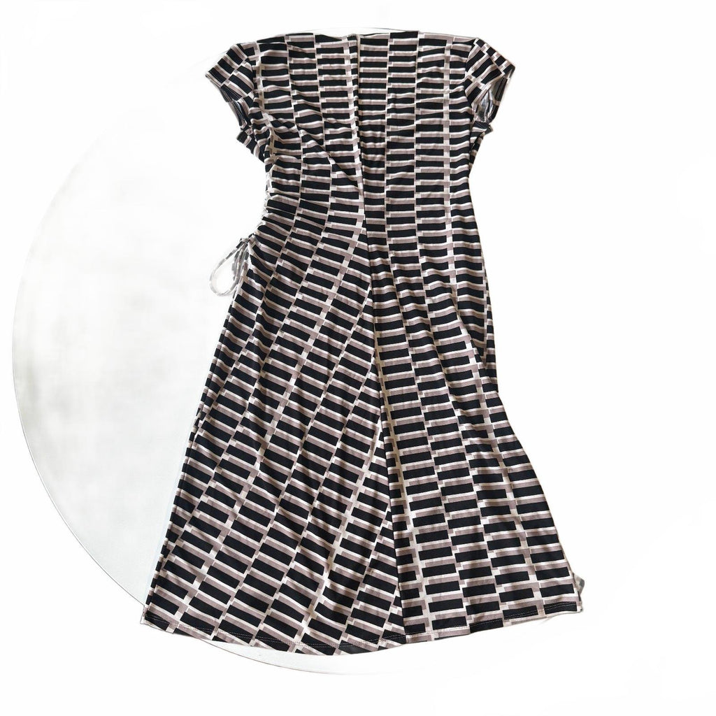 Jones Studio Women's Geometric Print Wrap Dress, Size 8, Black and Beige, V-Neck