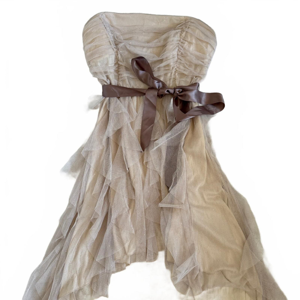Y2K Juniors Strapless Sparkly High Low Formal Dress Ribbon Detail Fairy