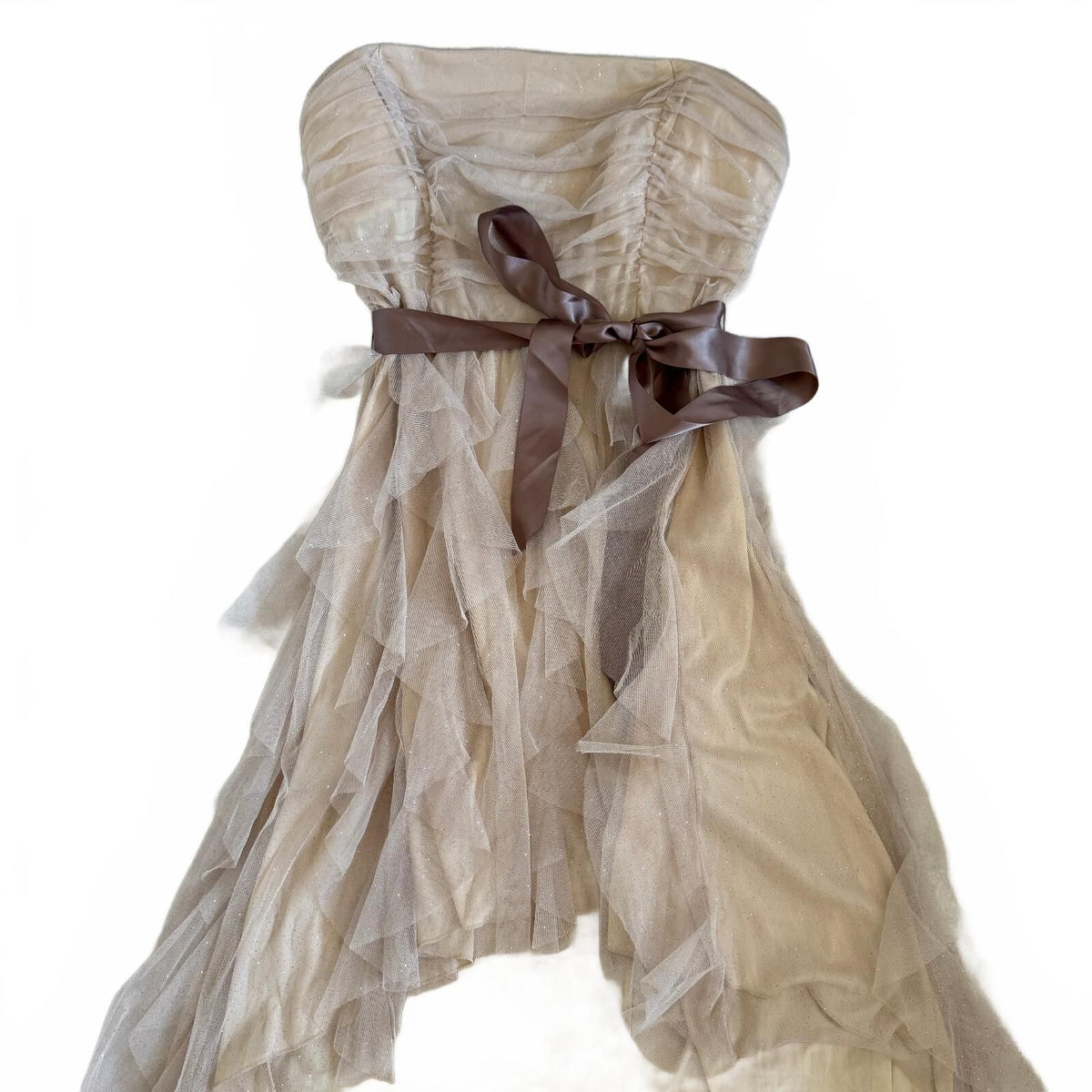 Y2K Juniors Strapless Sparkly High Low Formal Dress Ribbon Detail Fairy