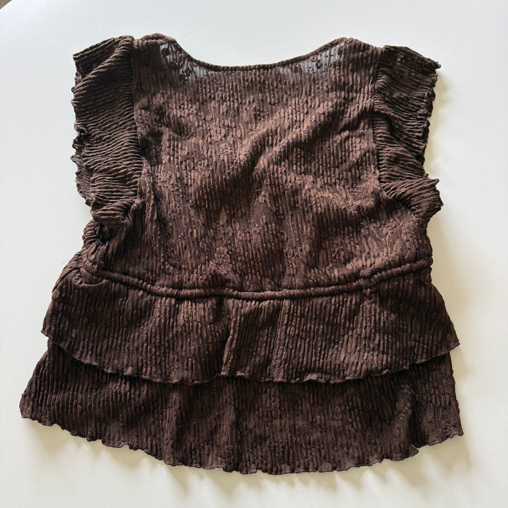 La Peche Brown Textured Ruffle Top, Size Large, Tie-Front V-Neck