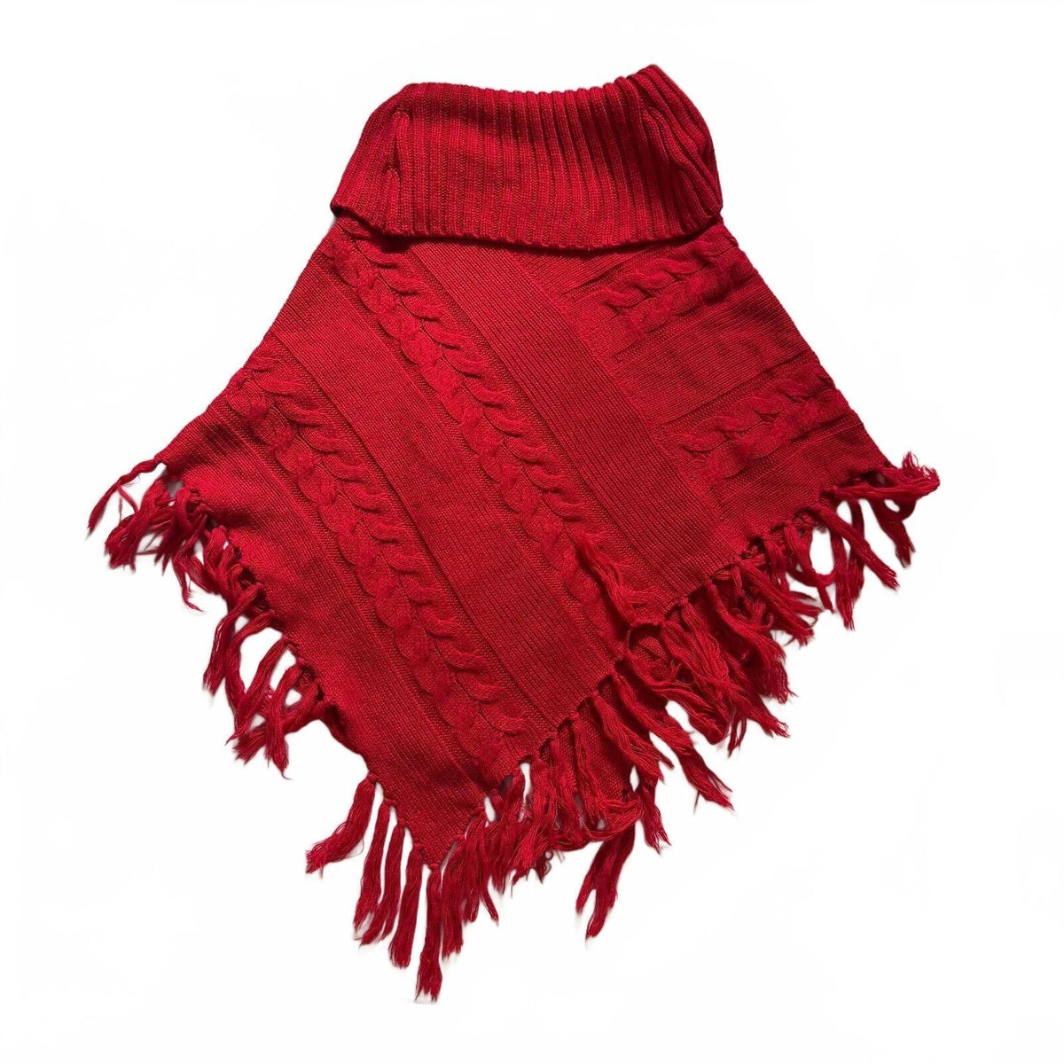 thriftalina Intro Casual Elegance Red Cable Knit Turtleneck Fringe Poncho Practical Magic
