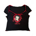 Betty Boop Pinup Black Crop Top with Red Trim and Bow Detail, Size M
