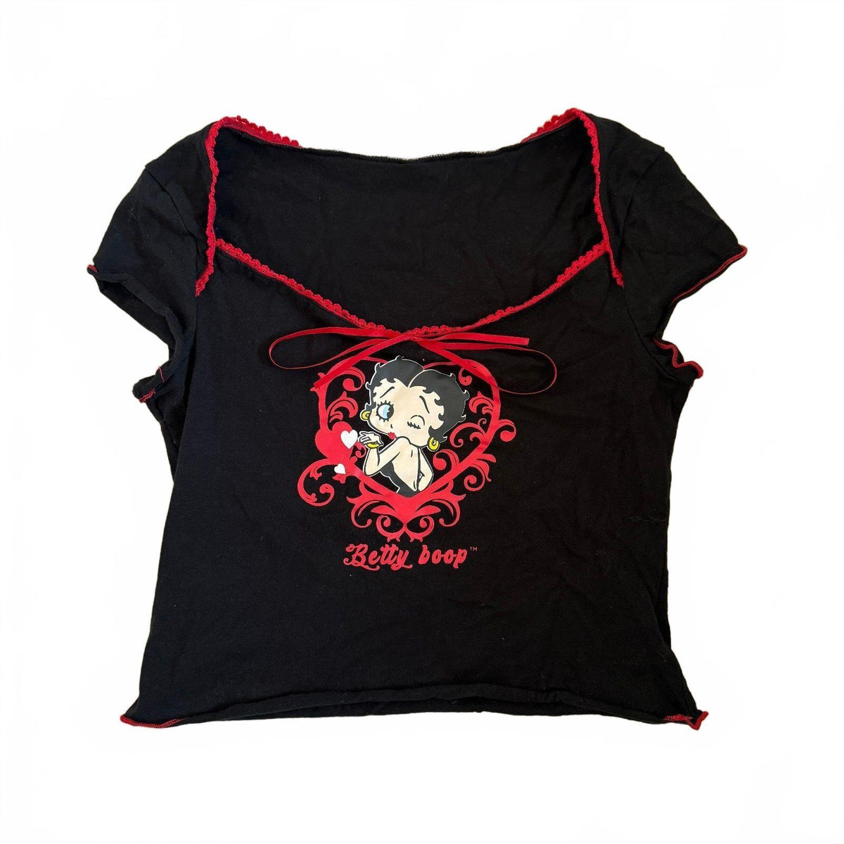 Betty Boop Pinup Black Crop Top with Red Trim and Bow Detail, Size M