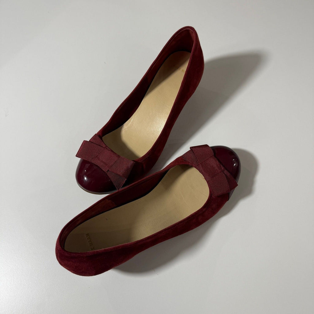 Cole Haan Burgundy Suede Wedge Heels with Bow Accent and Patent Toe Cap