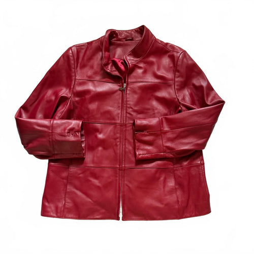 thriftalina Vintage Y2K Cherry Red Genuine Leather Moto Jacket Double Zip