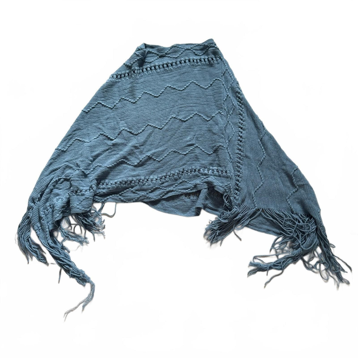 thriftalina Blue Boho Knit Poncho Cape Shawl Fringe Textured Crochet Whimsical One Size