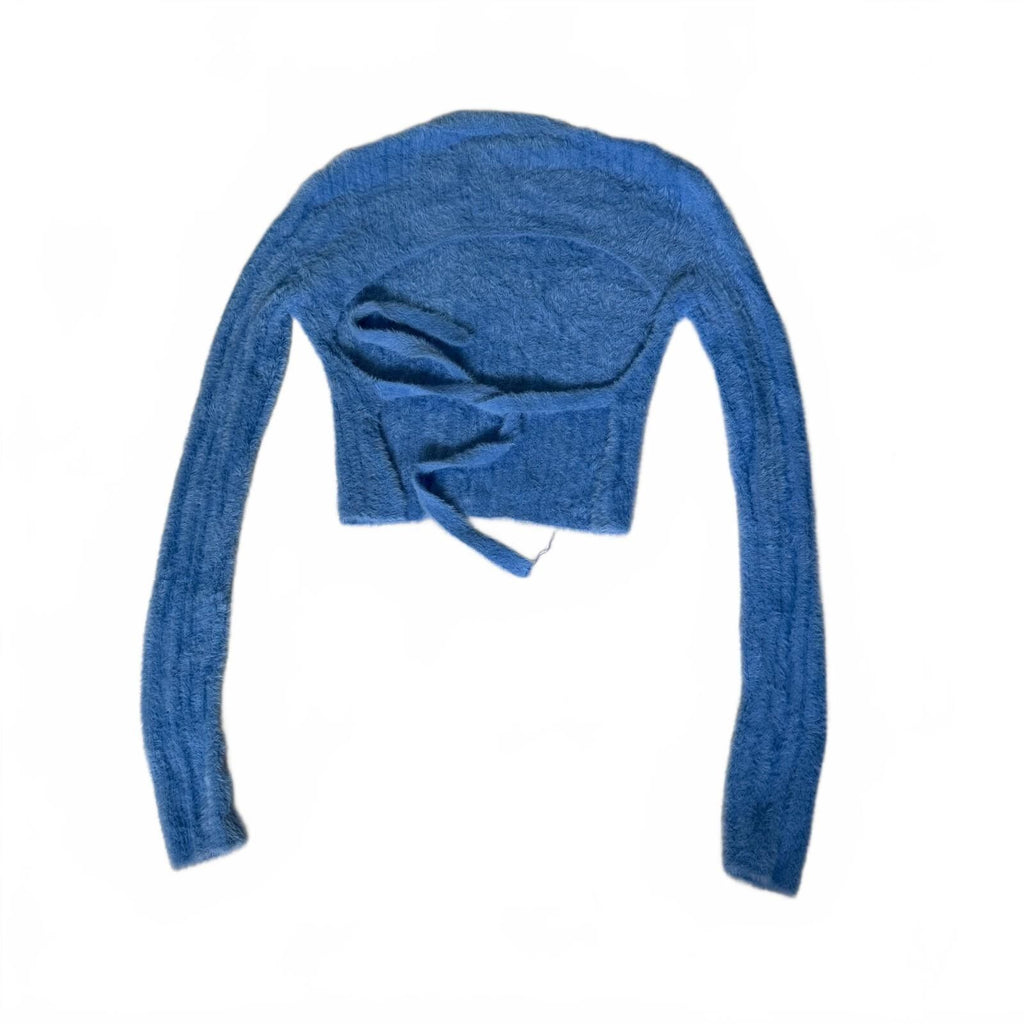 thriftalina iets Frans Mohair Cropped Sweater Tie Back Mock Neck Blue