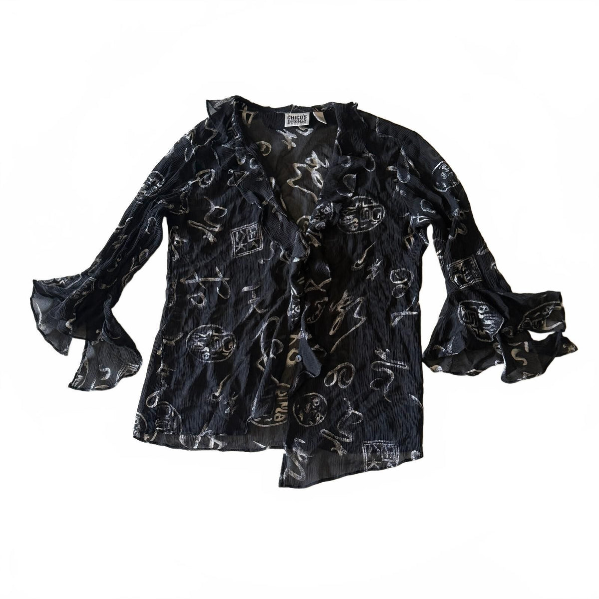 Vintage 1990s Silk Button-Up Frilly Ruffled Blouse Abstract Print Chico's