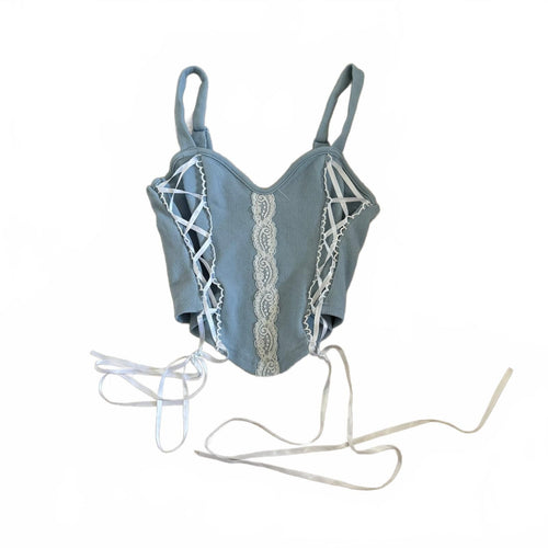 thriftalina Blue Lace-Up Corset Style Crop Top with Adjustable Straps