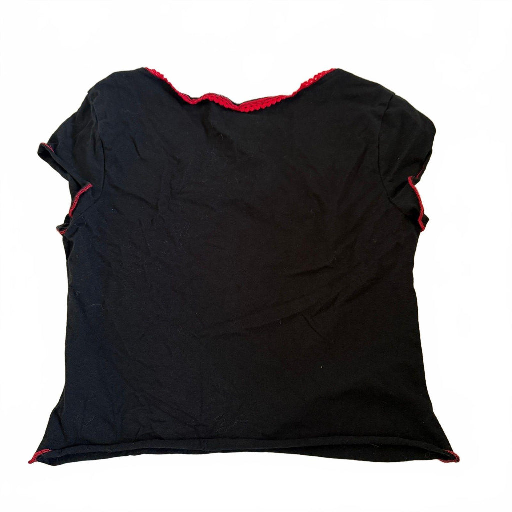 Betty Boop Pinup Black Crop Top with Red Trim and Bow Detail, Size M